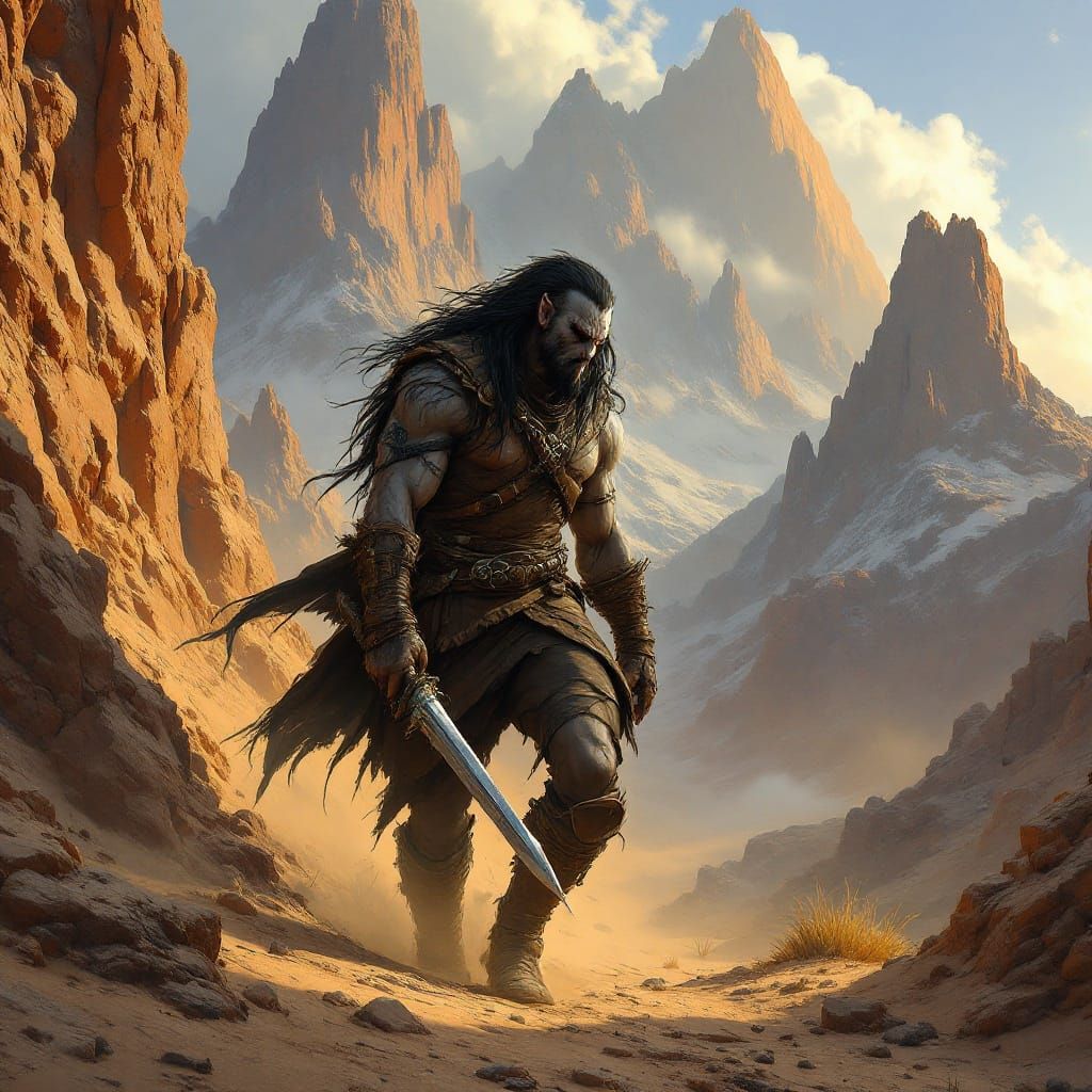 Surreal Dark Fantasy Ranger in Desert Landscape