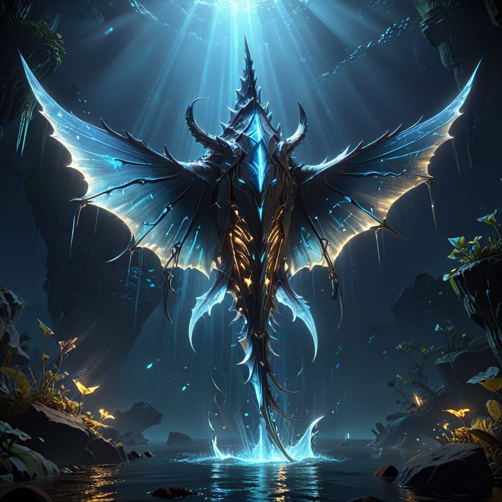 Bioluminescent Moonfang Rays in Dark Fantasy Art