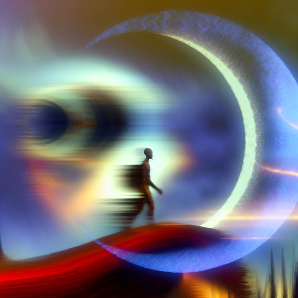 Man on Crescent Moon Landscape in Dreamy Optical Illusion