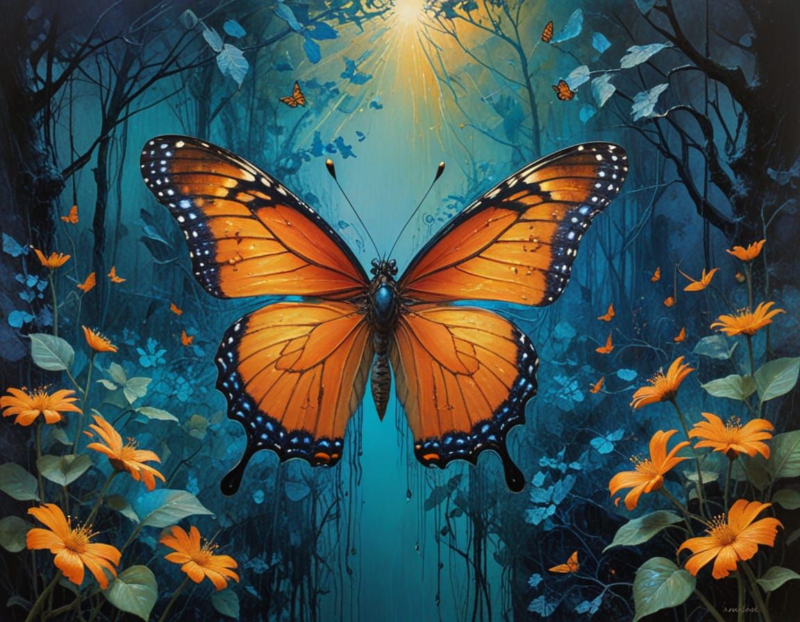 Vibrant Monarch Butterfly in Art Nouveau-Inspired Close-Up