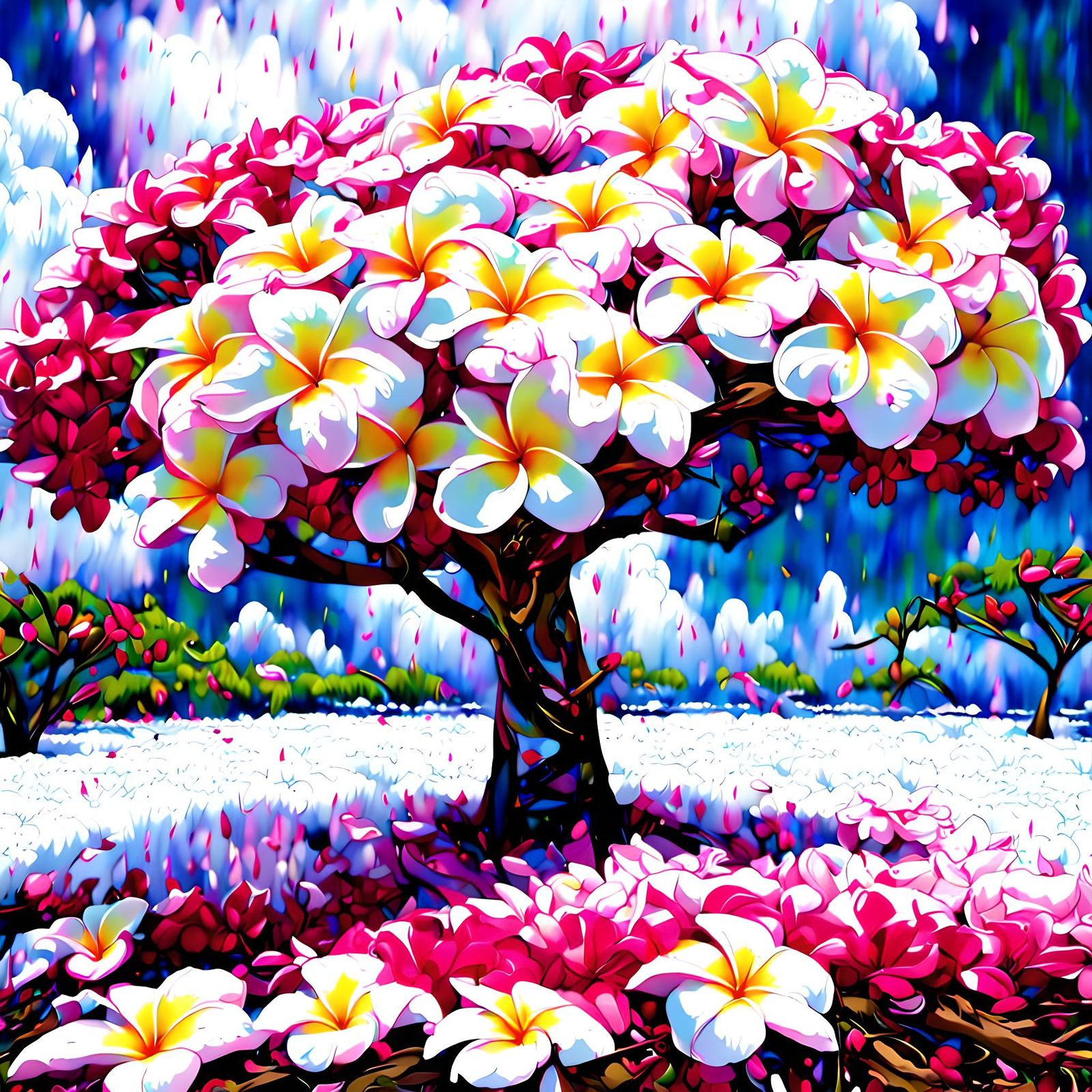 Plumeria Tree with Blossoms and Petal Snowfall