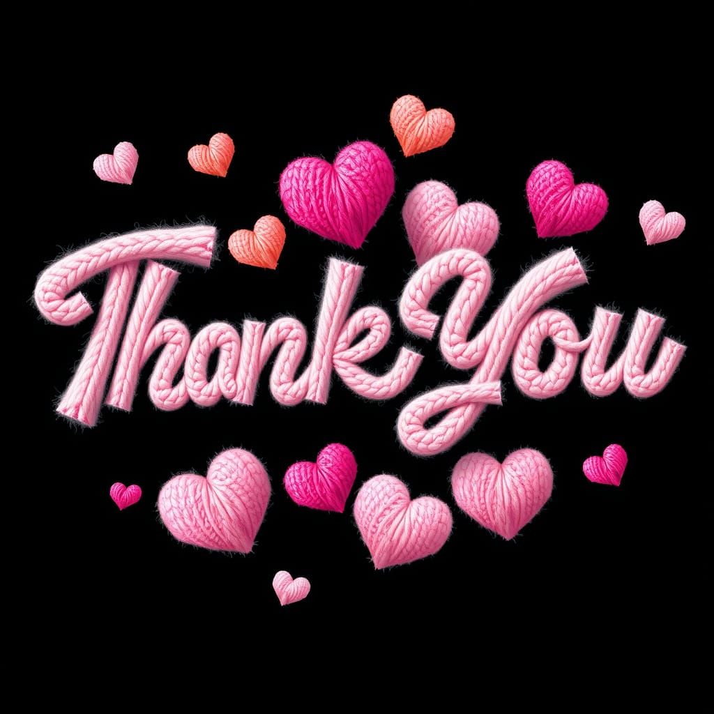 Main Text: “Thank You” in cute woolen font. Triple-bold font. Dark, triple-thick border and drop shadow. Surrounded by a...