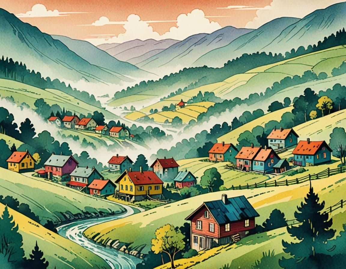 Vintage Watercolor Valley Landscape in Comic Book Style