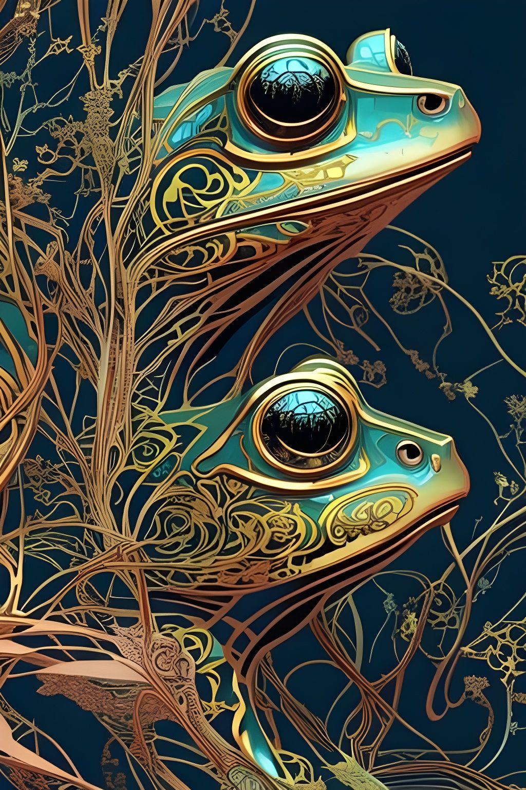Golden Outlined Frogs: Detailed Digital Portrait