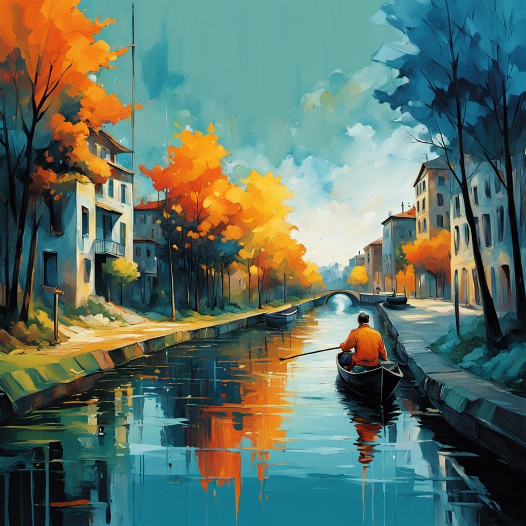 Vibrant Canal Scene in Abstract Expressionist Style