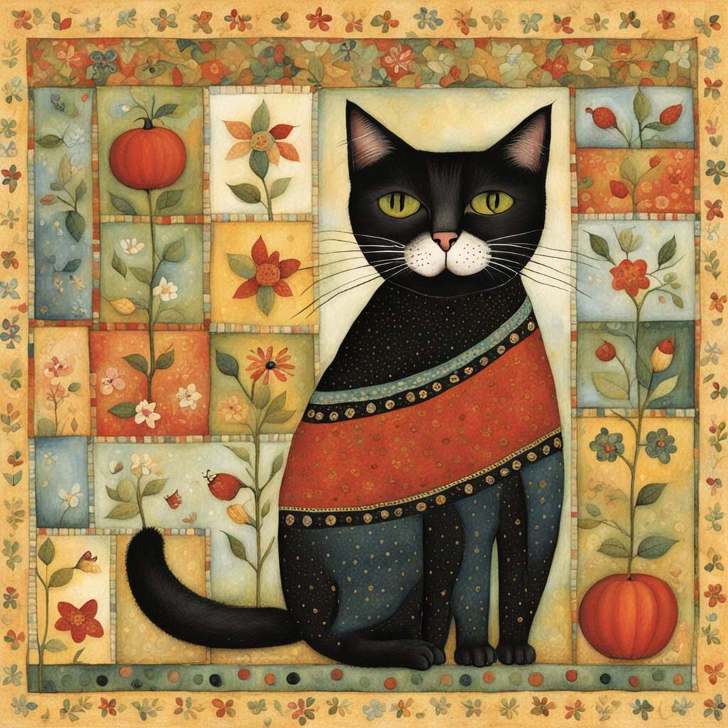 Cat Illustration in Naive Art Style