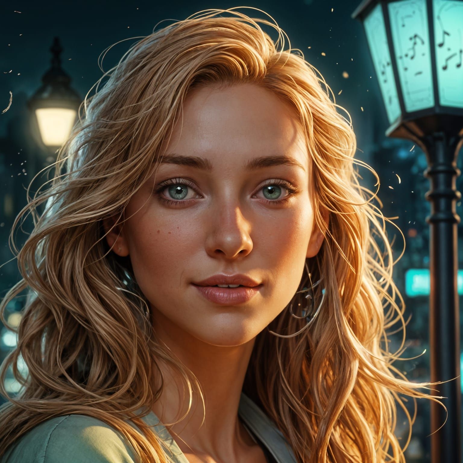 Woman Under Streetlight with Rose, Inspired by Rutkowski