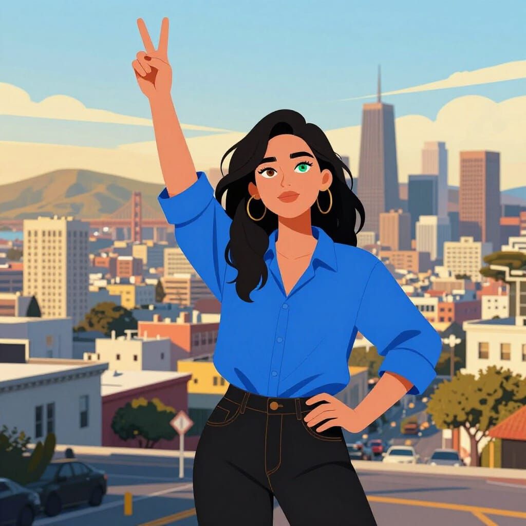 Woman with Heterochromia Holds Peace Sign in San Francisco