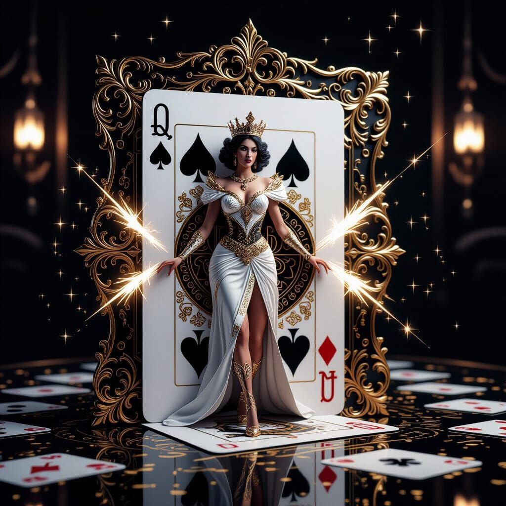 Queen of Clubs Emerges from Playing Card in Dramatic Display