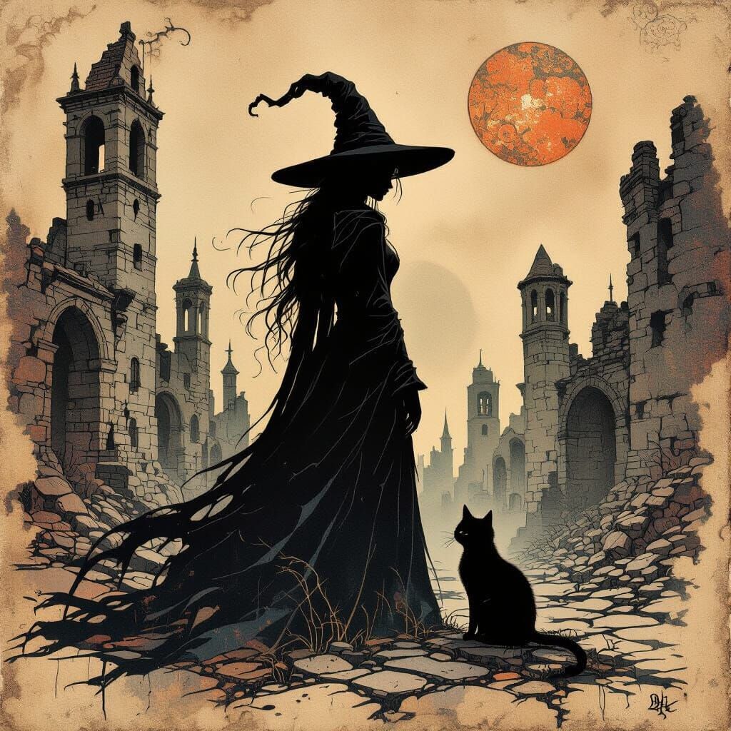 Witch and Cat in Ruined City on Tea-Stained Parchment