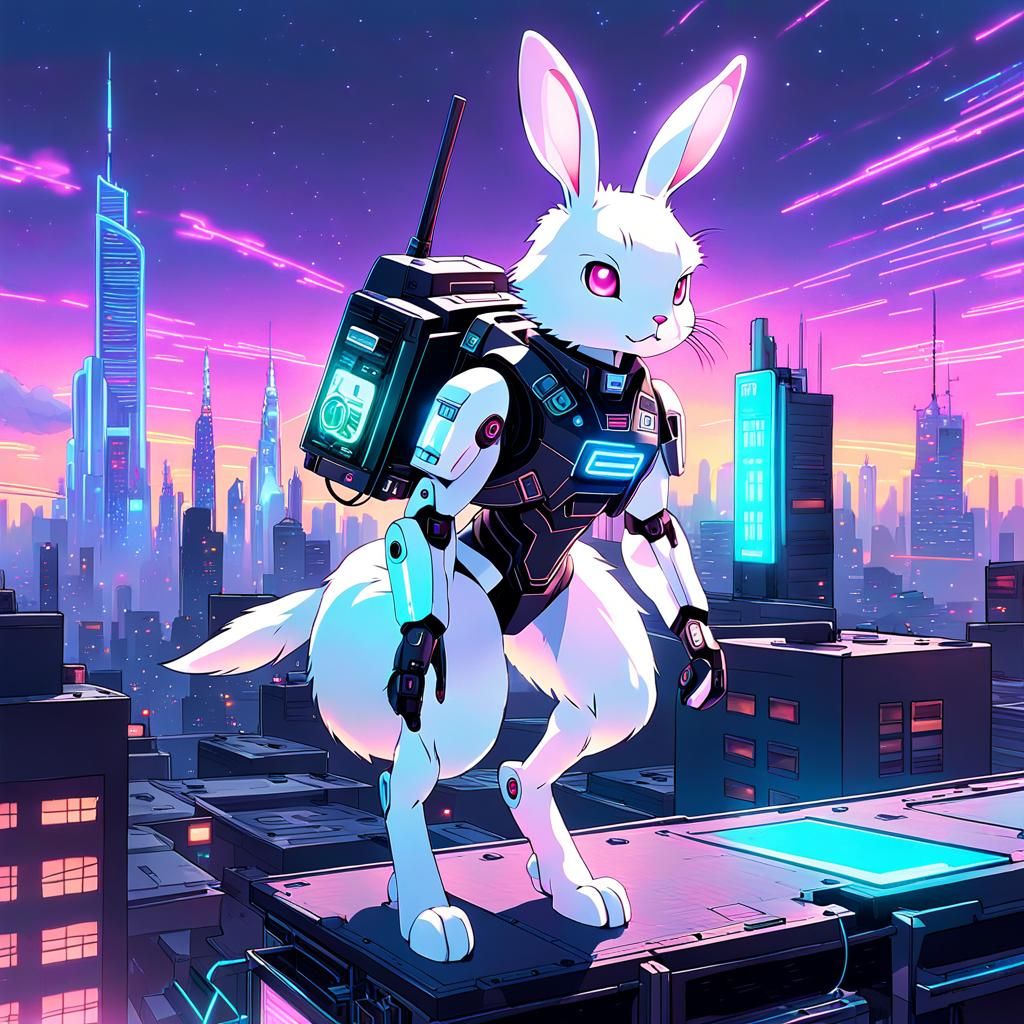 Cybernetic Rabbit on Rooftop in Anime Style