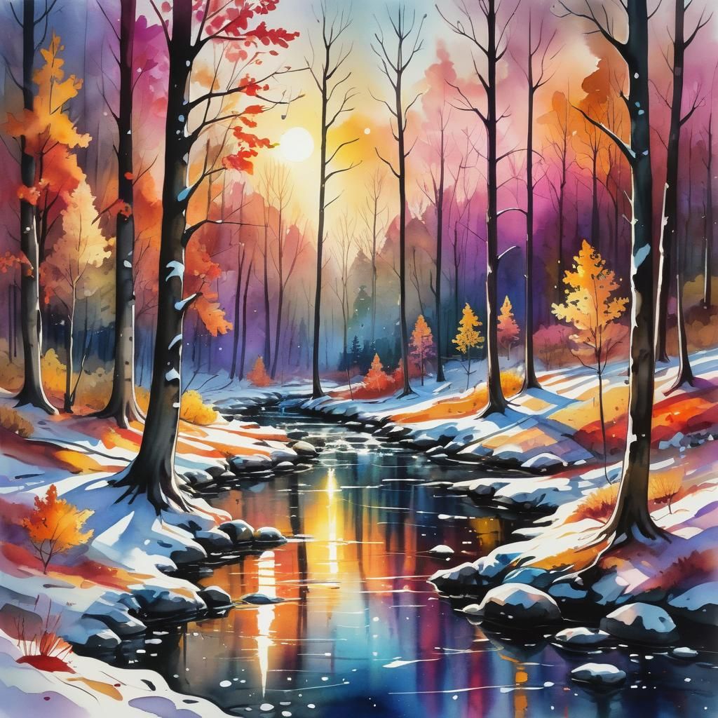 Autumn Forest Stream in Watercolor and Ink