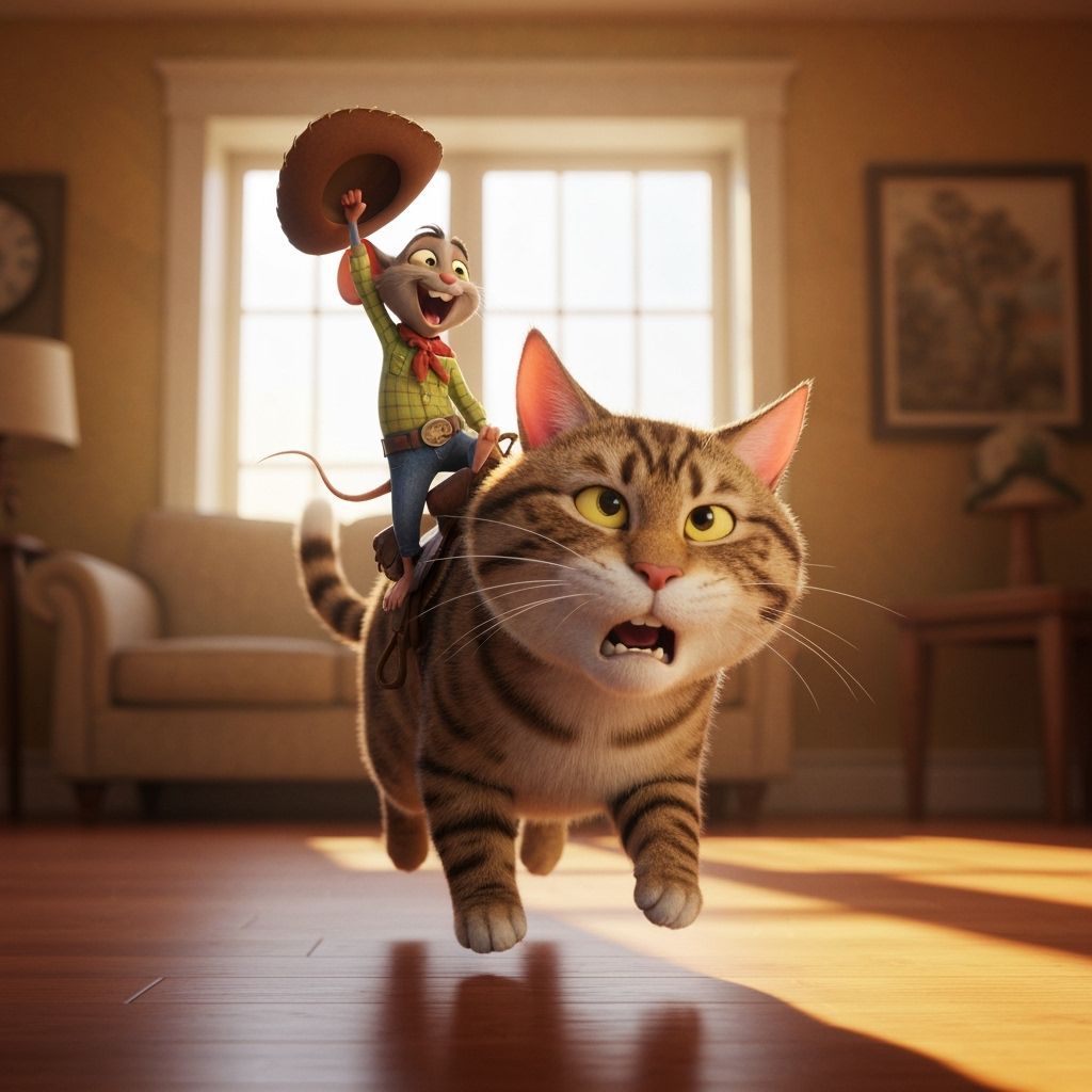 Mouse Cowboy Rides Cat in Sunlit Room: 3D Digital Art