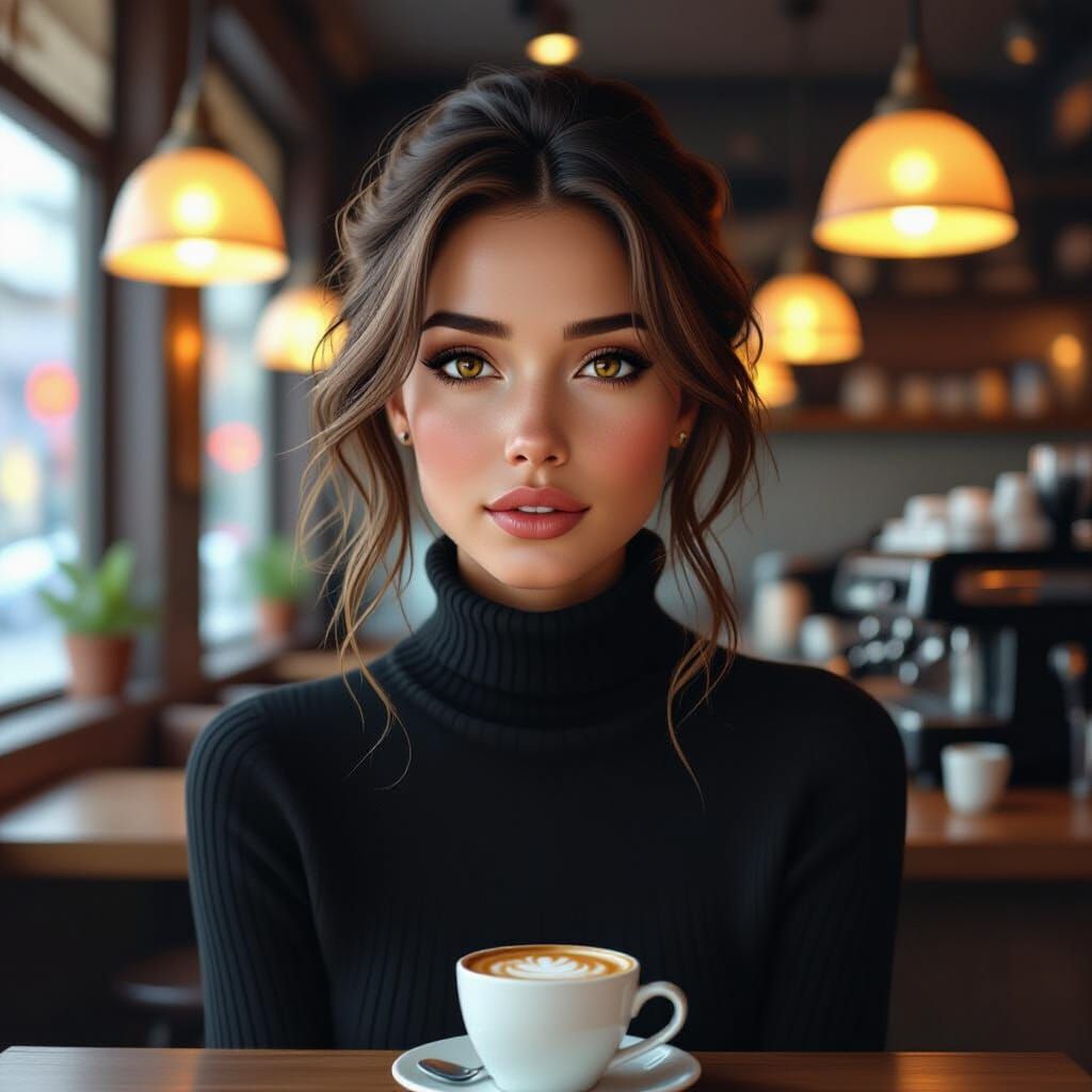 Melancholic Cyborg in Cafe: Matte Painting Style