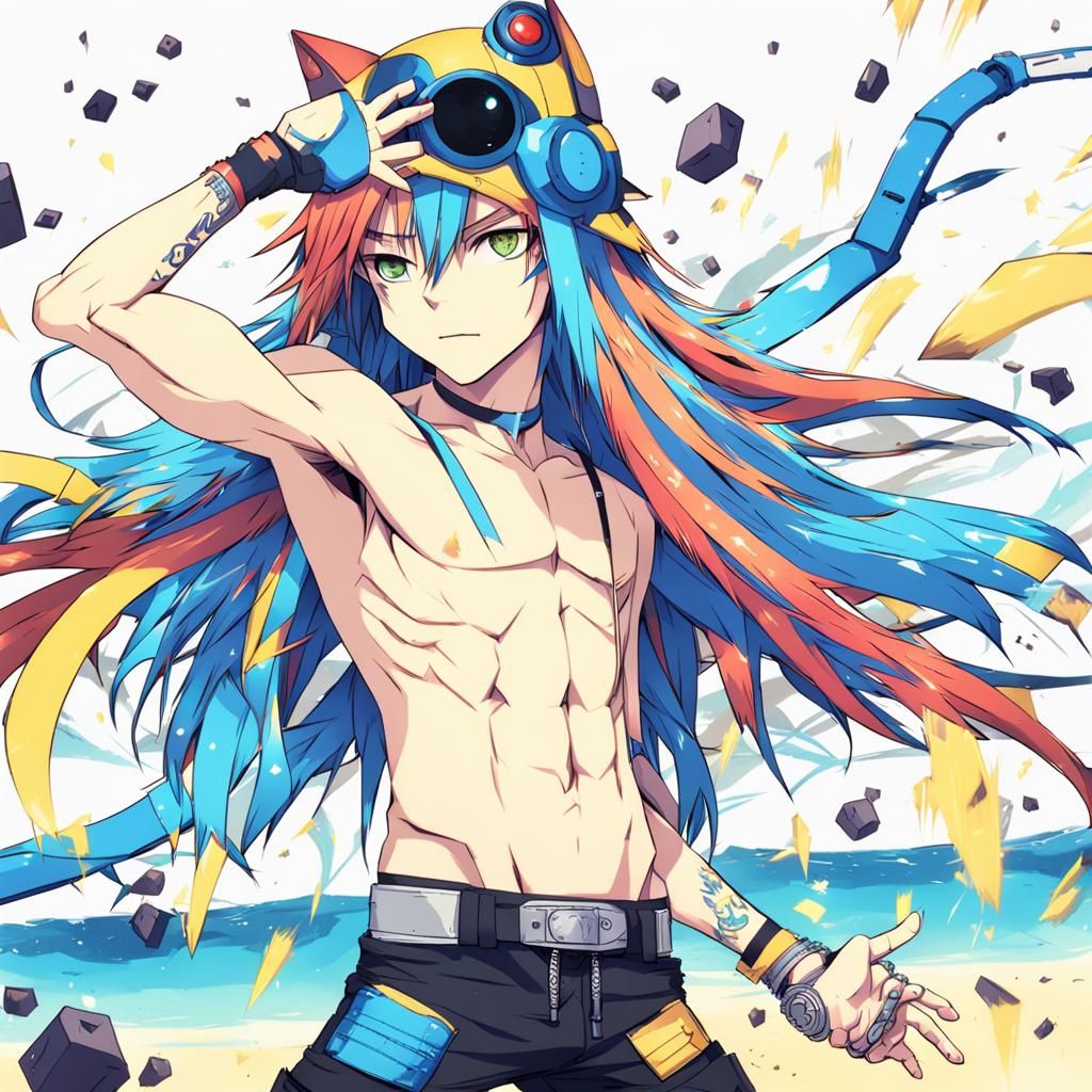 Anime Catboy Battles Robot in Cyberpunk Style