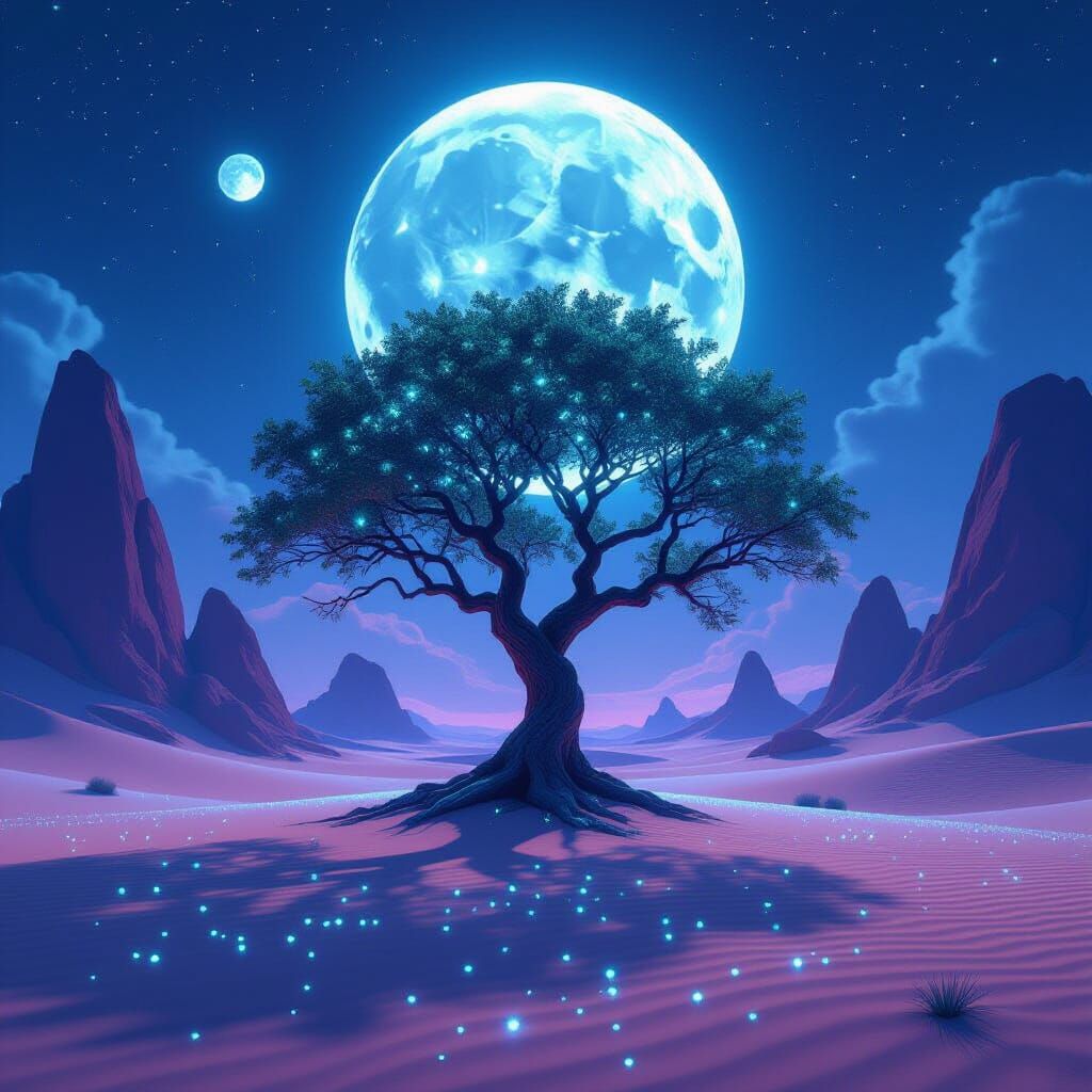 Ancient Bioluminescent Tree in Crystalline Desert Under Trip...