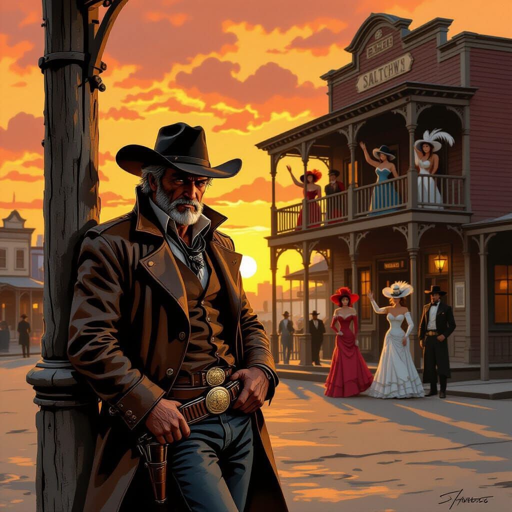 Western Gunfighter at Sunset in Gritty Style
