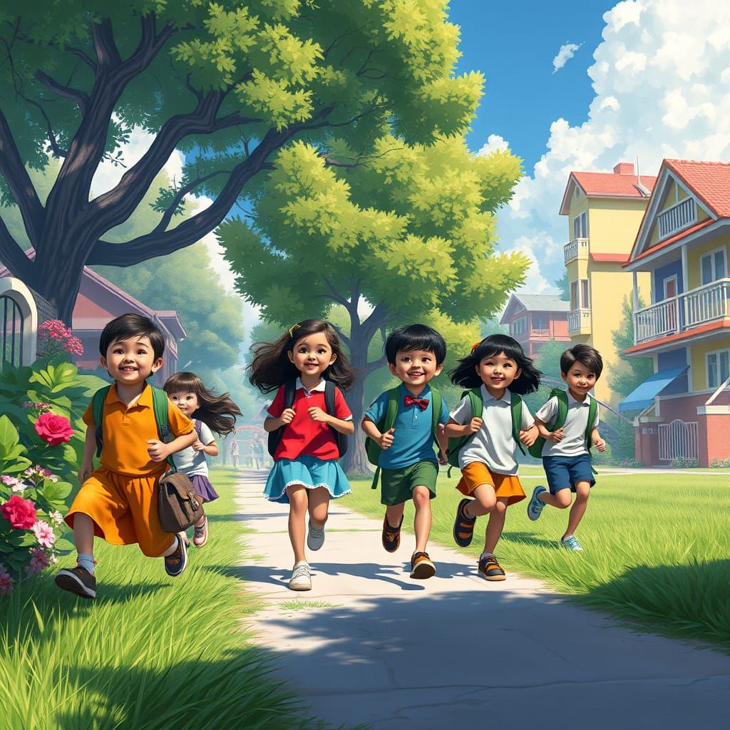 Children's Joyful Return to School: Matte Painting