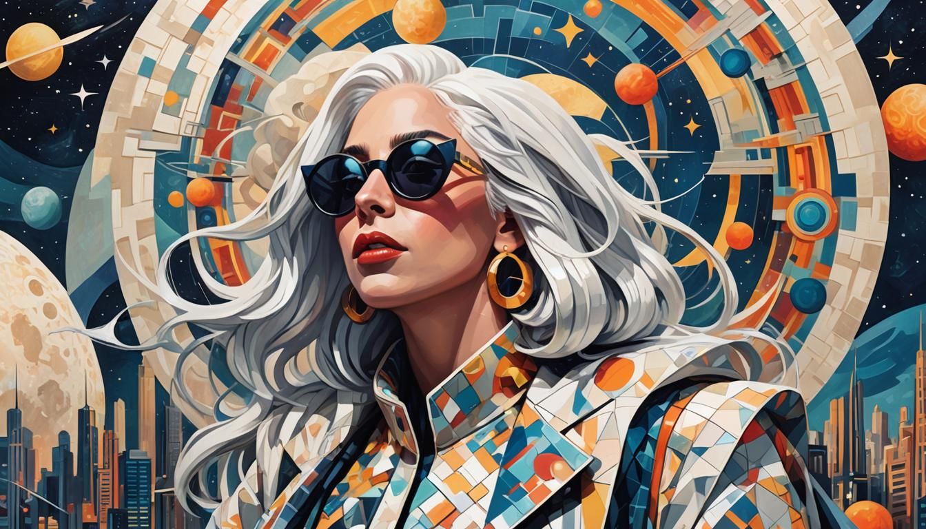 Lady Gaga in Dystopian Cityscape: Cubist Art Deco Style