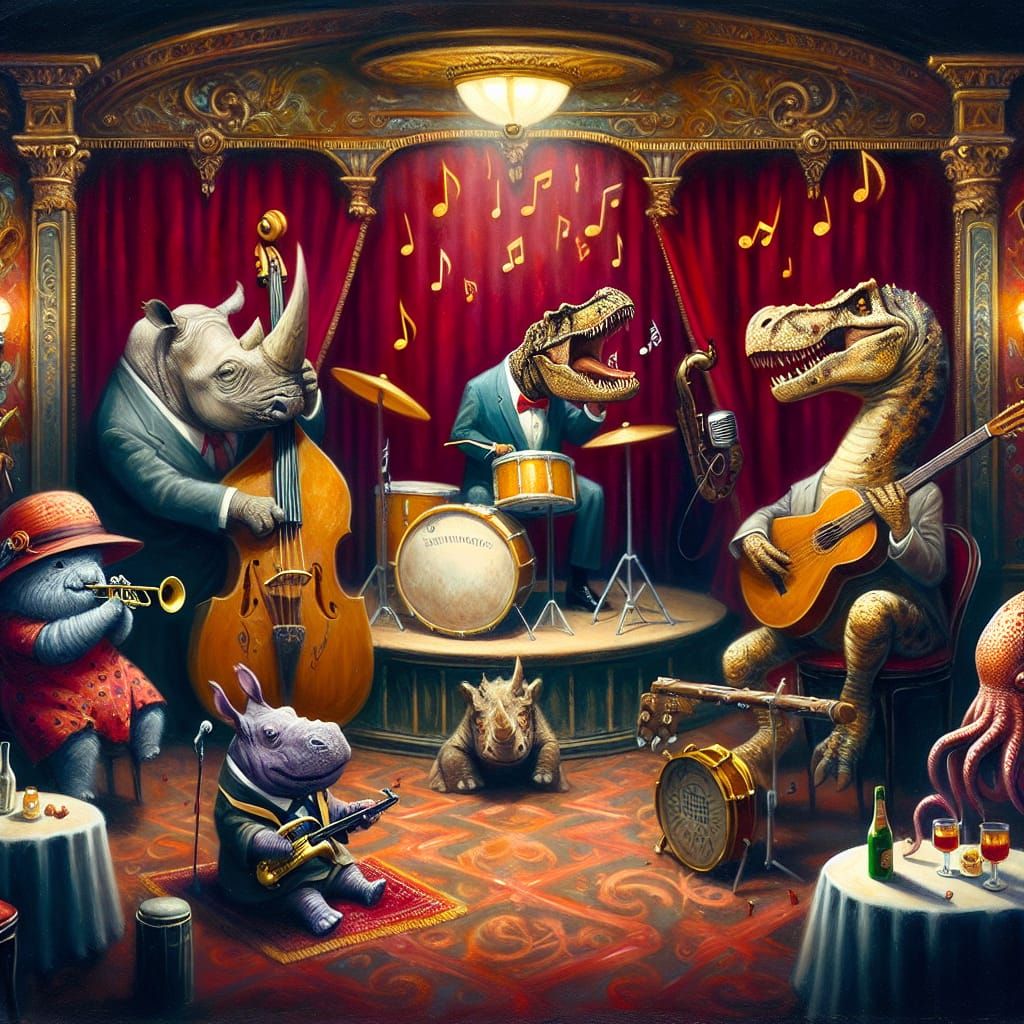 Jazz Band of Animals in Vintage Nightclub as Oil Painting