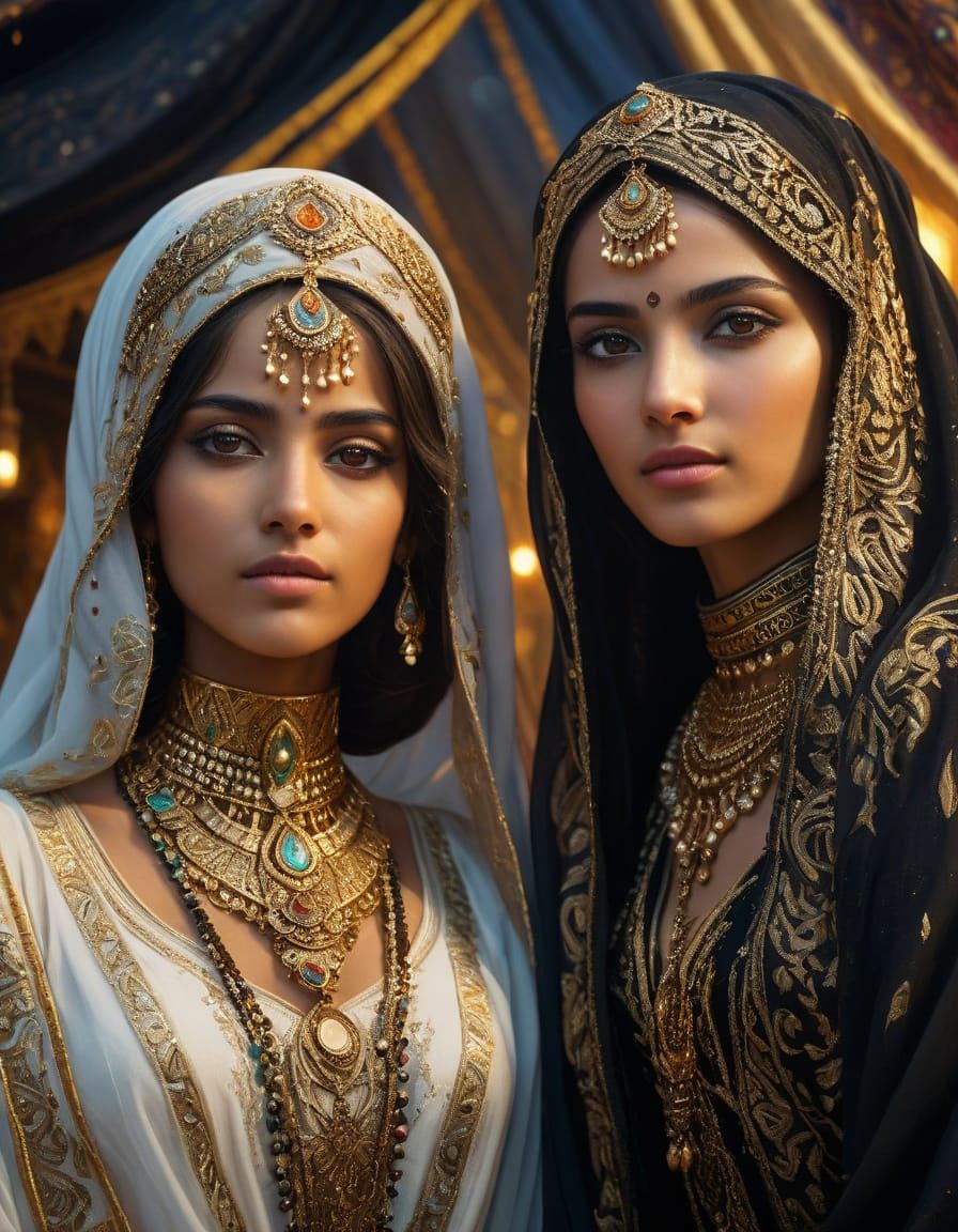 Exotic Arabian Courtesans in Ornate Bedouin Attire