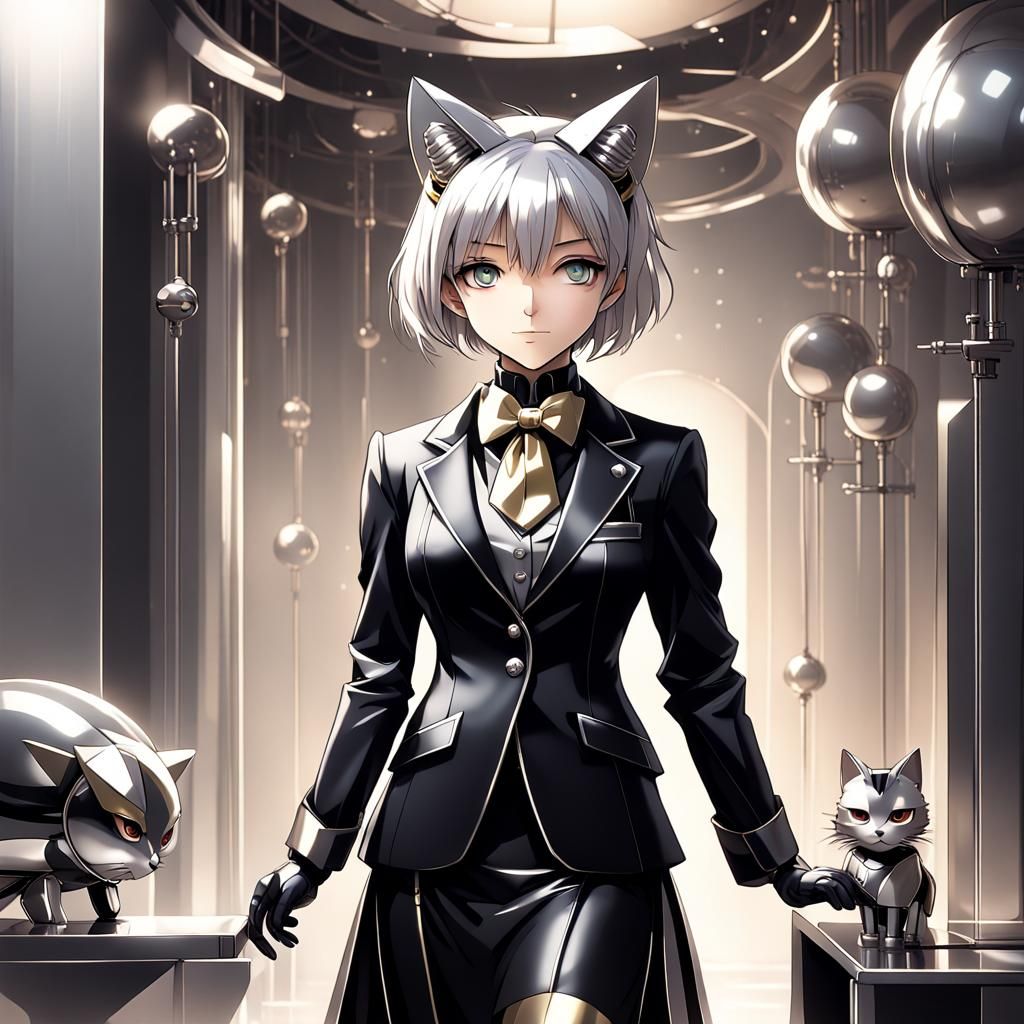 Anime Robot Butler Serving Food in Cyberpunk Cityscape