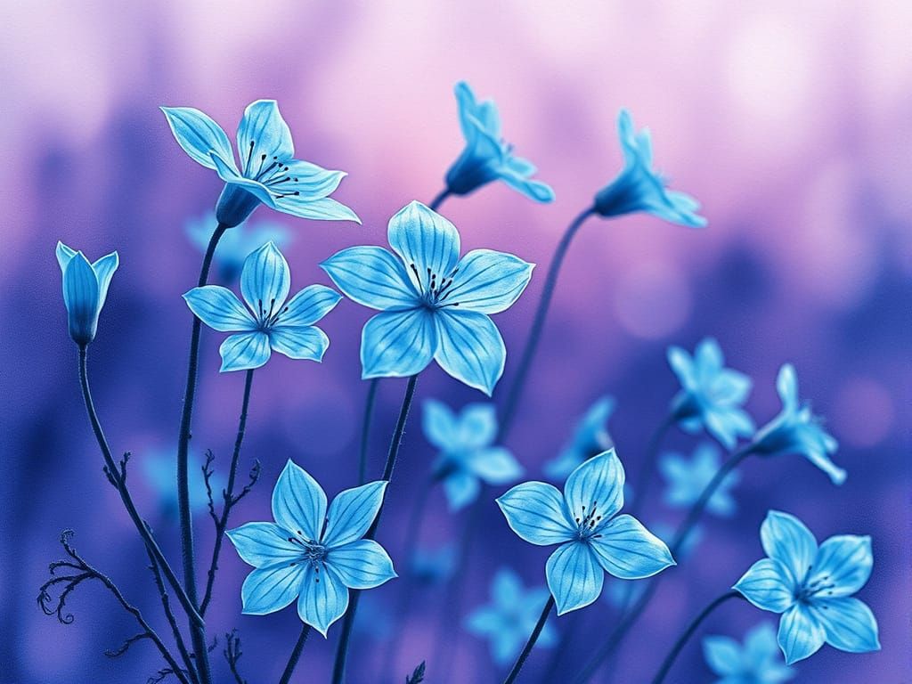 Delicate Blue Bioluminescent Blooms in Soft Purple Evening L...