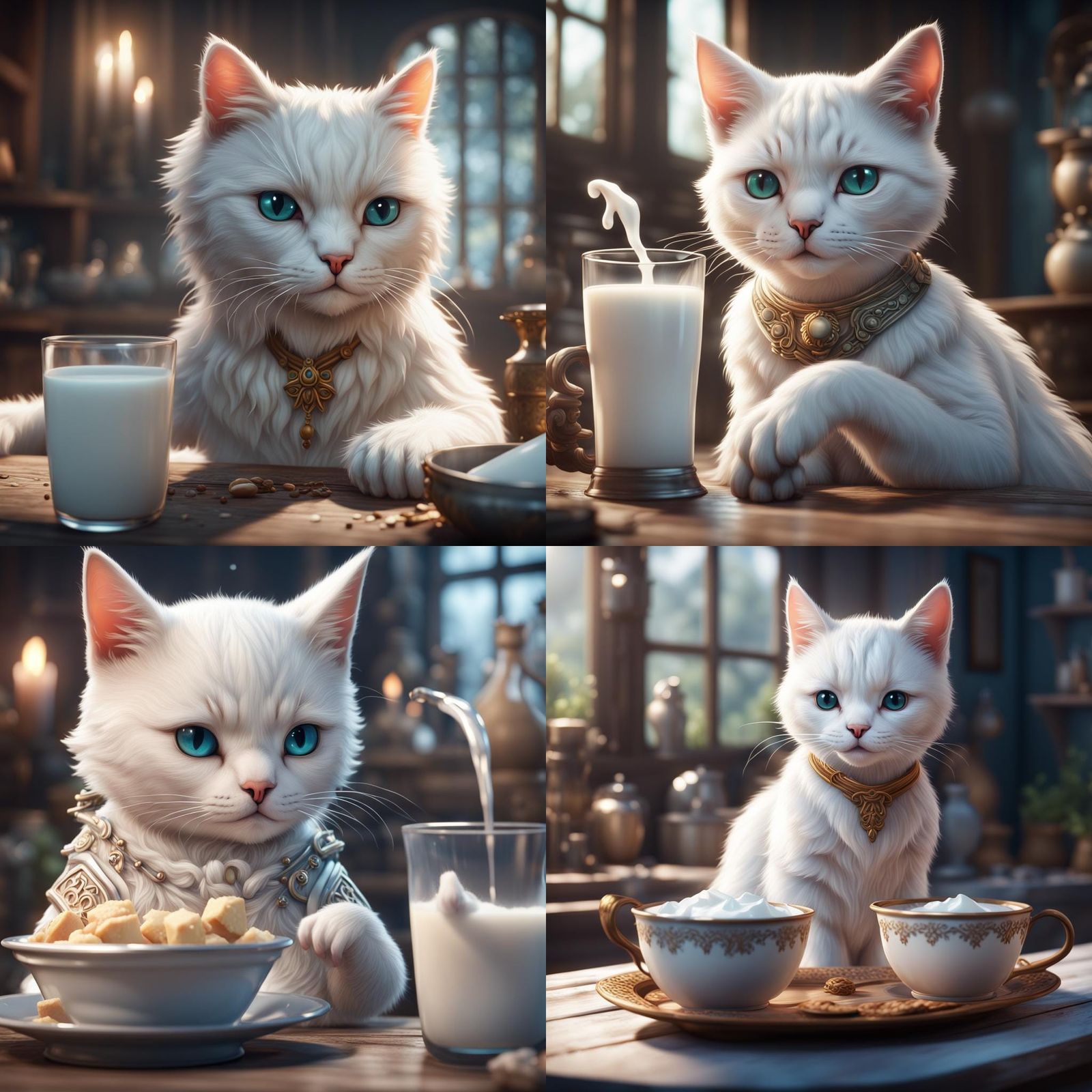 Cute White Cat Drinking Milk in Matte Painting Style
