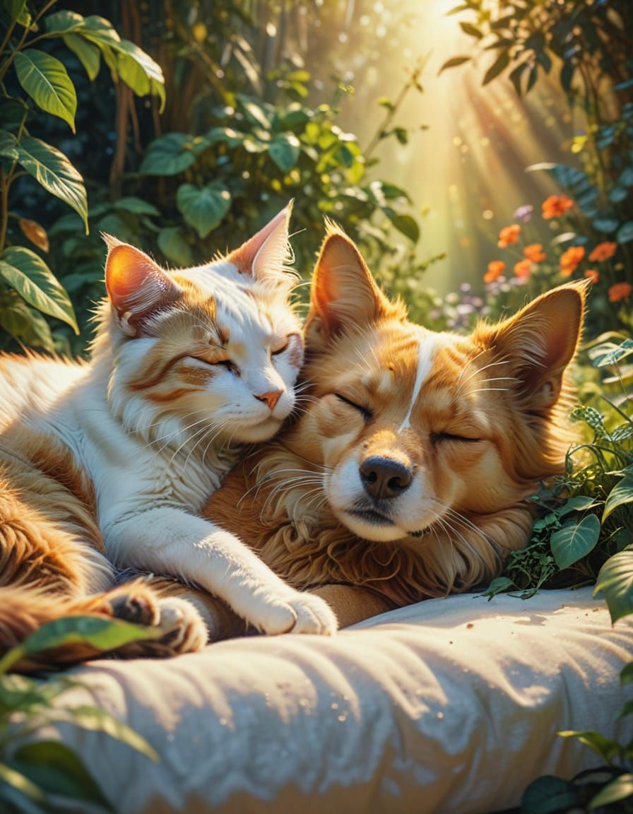 Dog and Cat Sleeping in Impressionist Style