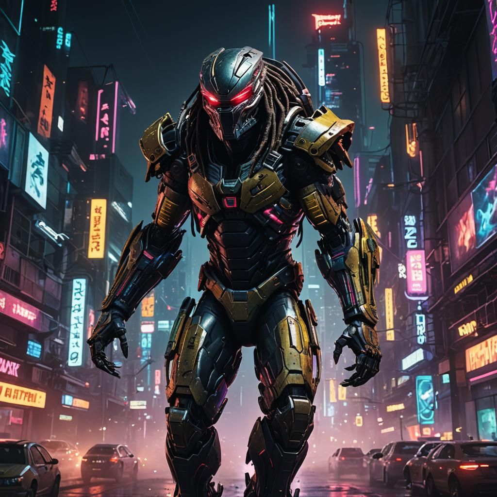Predator Leaps into Cyberpunk Cityscape at Night