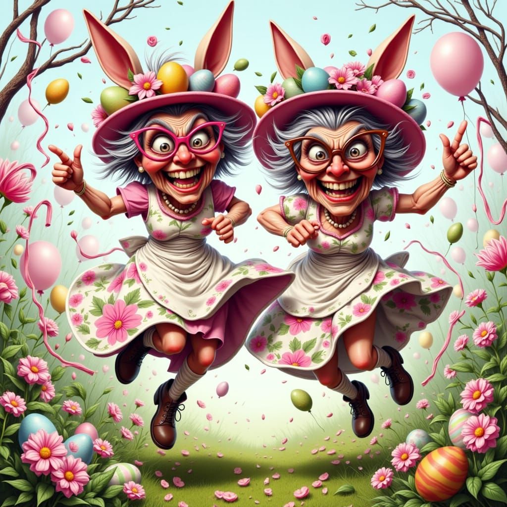 Two Grannies Dancing the Bunny Hop at Easter Egg Hunt