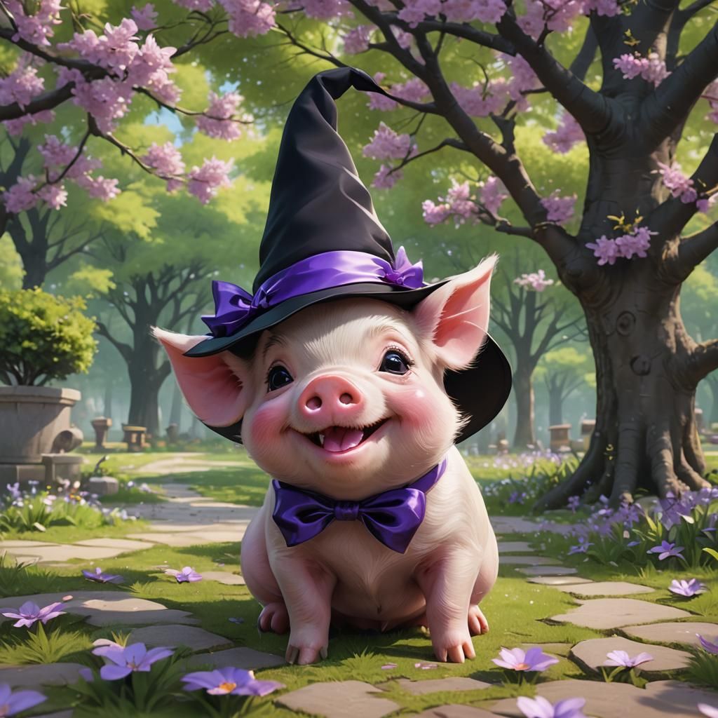 Cute Pig in Witch Hat with Blossom Tree, Anime Art