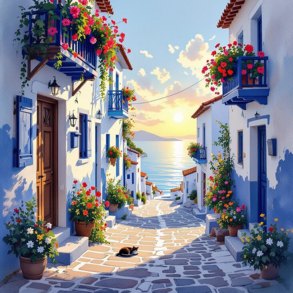 Watercolor Island Street Scene with Blue & White Houses