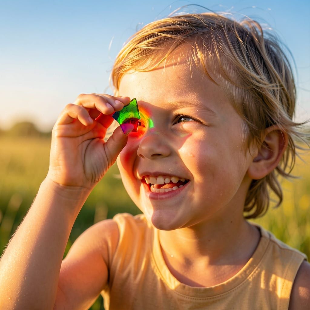 Child Gazes Through Colored Glass at Summer Sun