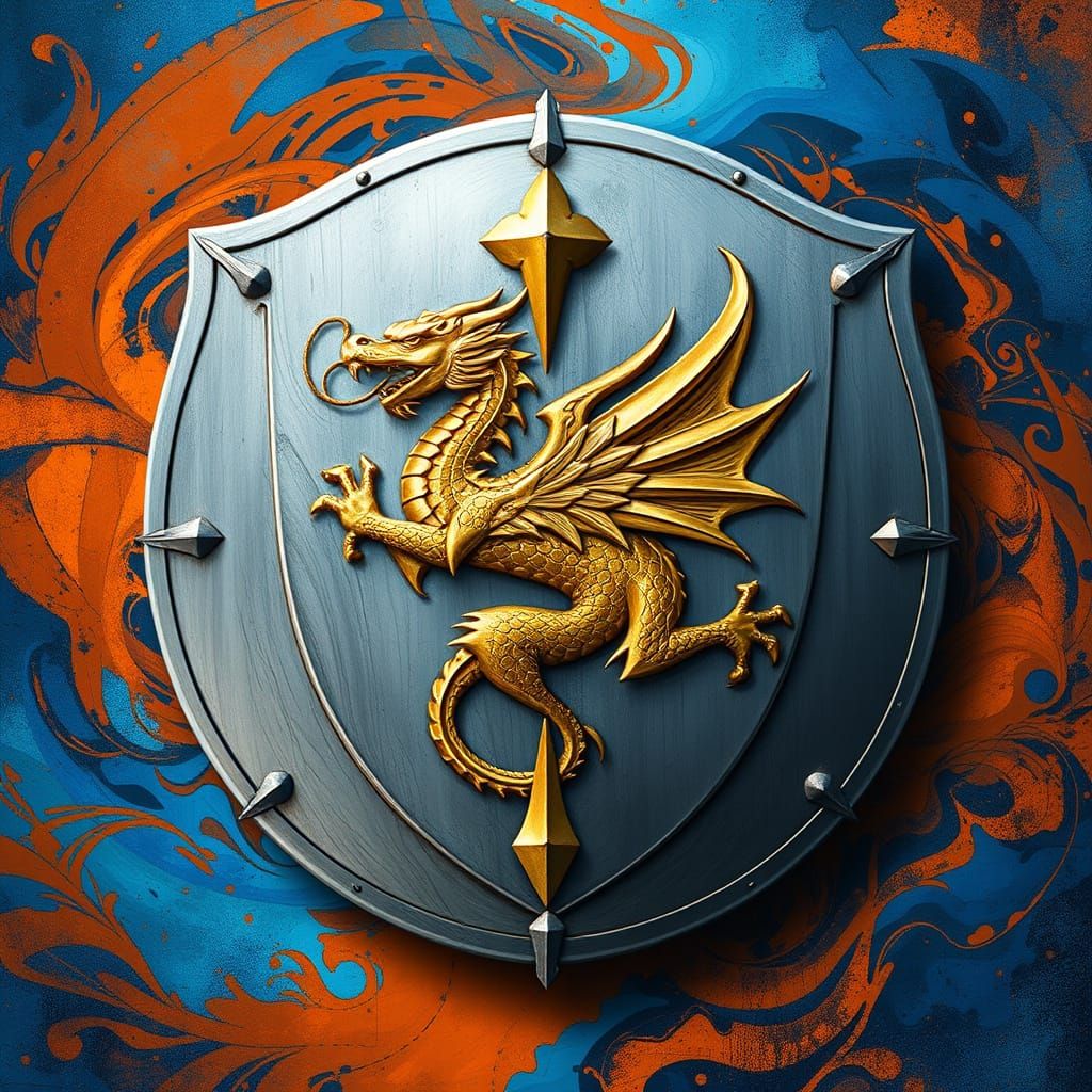 Golden Dragon Embossed Silver Knight's Shield in Vibrant Abs...