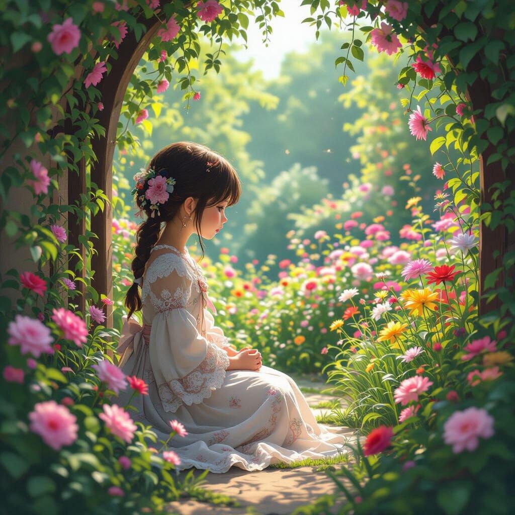Girl in Secret Garden Expecting Someone: 3D Anime Art
