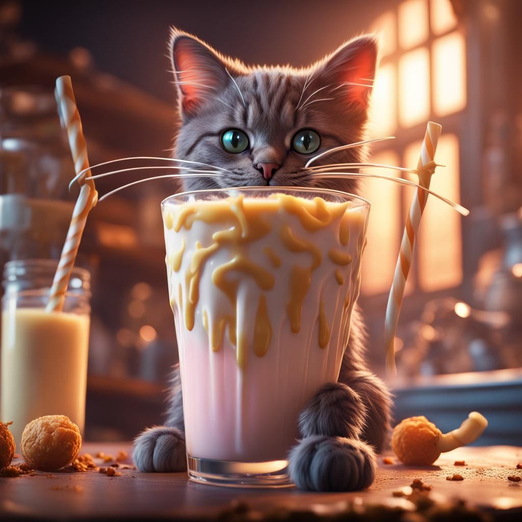Cat Sipping Milkshake: Detailed Fantasy Art