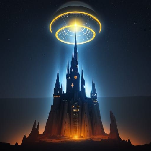 Sci-Fi Castle Beacon in Alien Nightscape