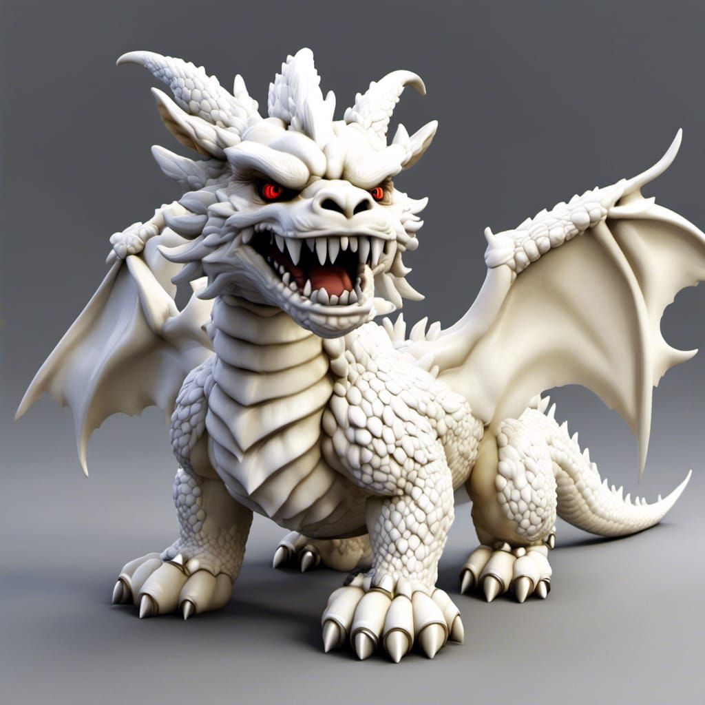 Fierce Fluffy White Dragon with Open Wings