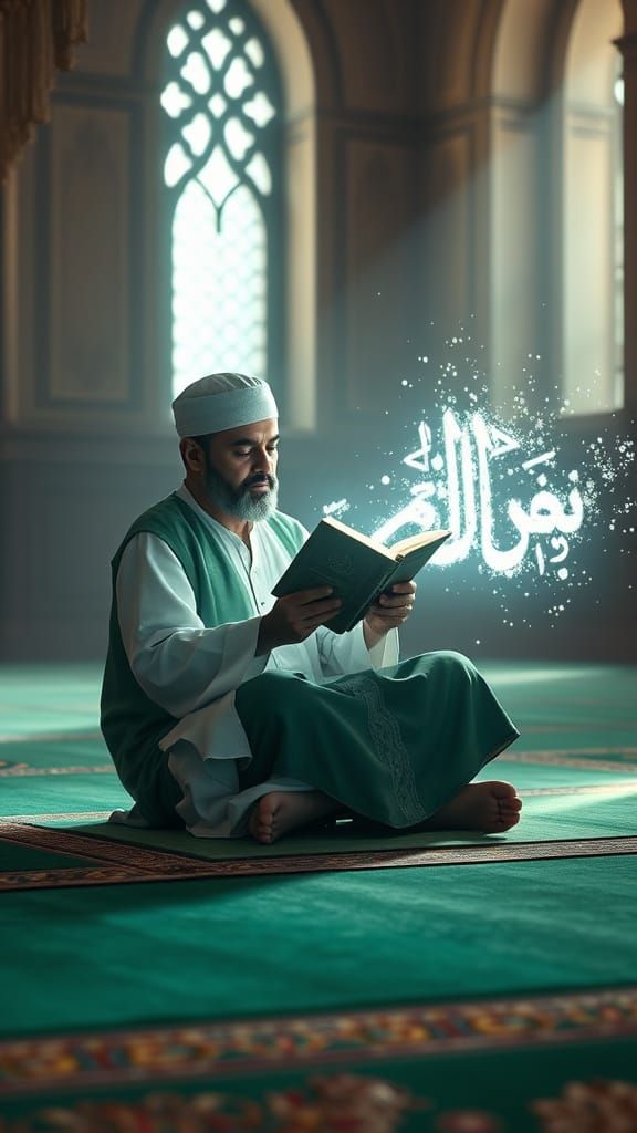 A Devout Man Immersed in Quranic Wisdom in a Mosque