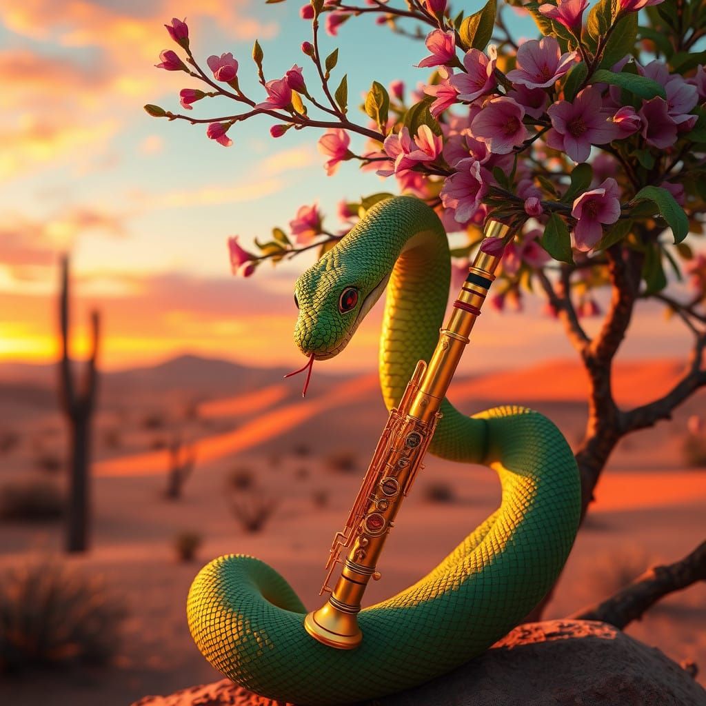 Snake Serenades Desert Sunset in Vibrant Dreamlike Landscape