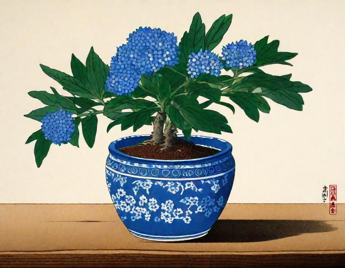 Japanese Laurel in Blue Pot: Shin-hanga Print