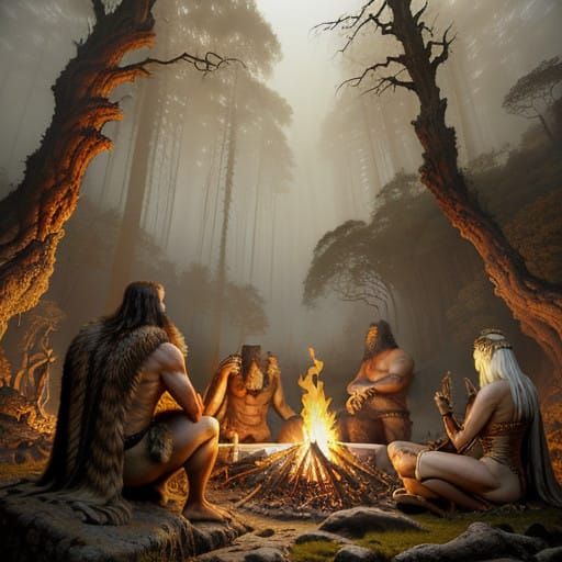 Prehistoric Neanderthals Gather Around a Flickering Fire in...