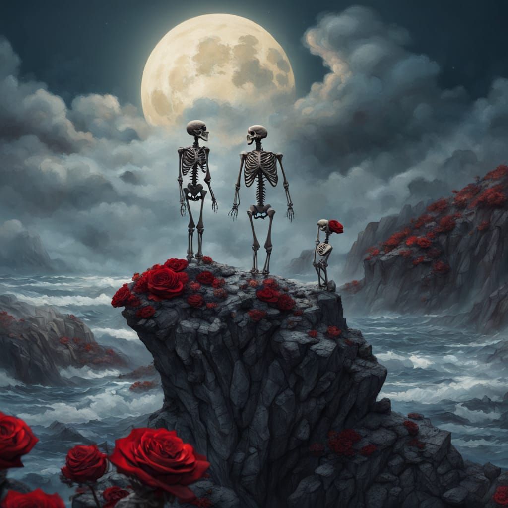 Surreal Skeletons Floating on Clouds at Night