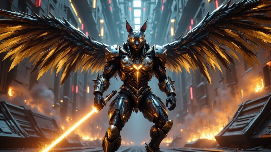 Cybernetic Cat Warrior in Alien Spaceship