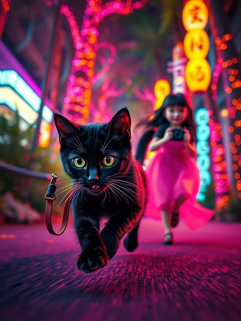 Neon Anime Kitty Chase in Japanese Forest - Split Screen
