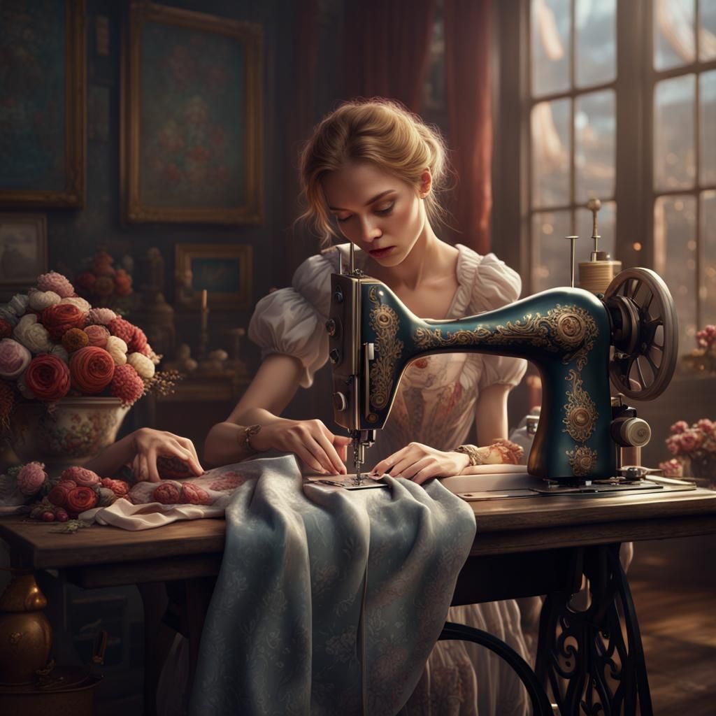 Woman Sewing Clothes with Beauty, Detailed Matte Painting