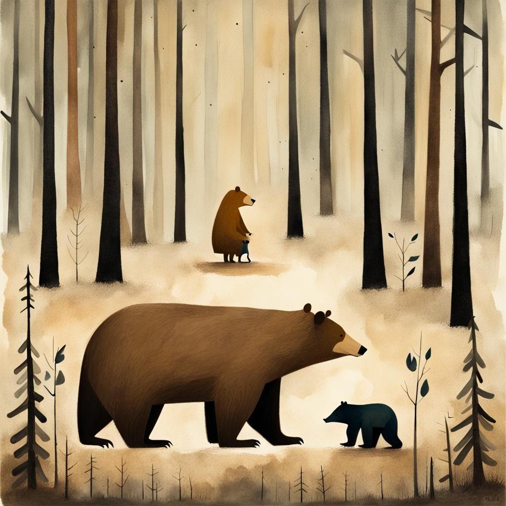 Mother Bear and Cub in Surrealist Style