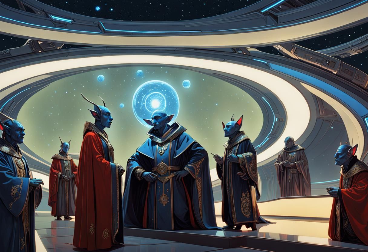 Futuristic Blue-Skinned Goblin Council in a Maximalist Style