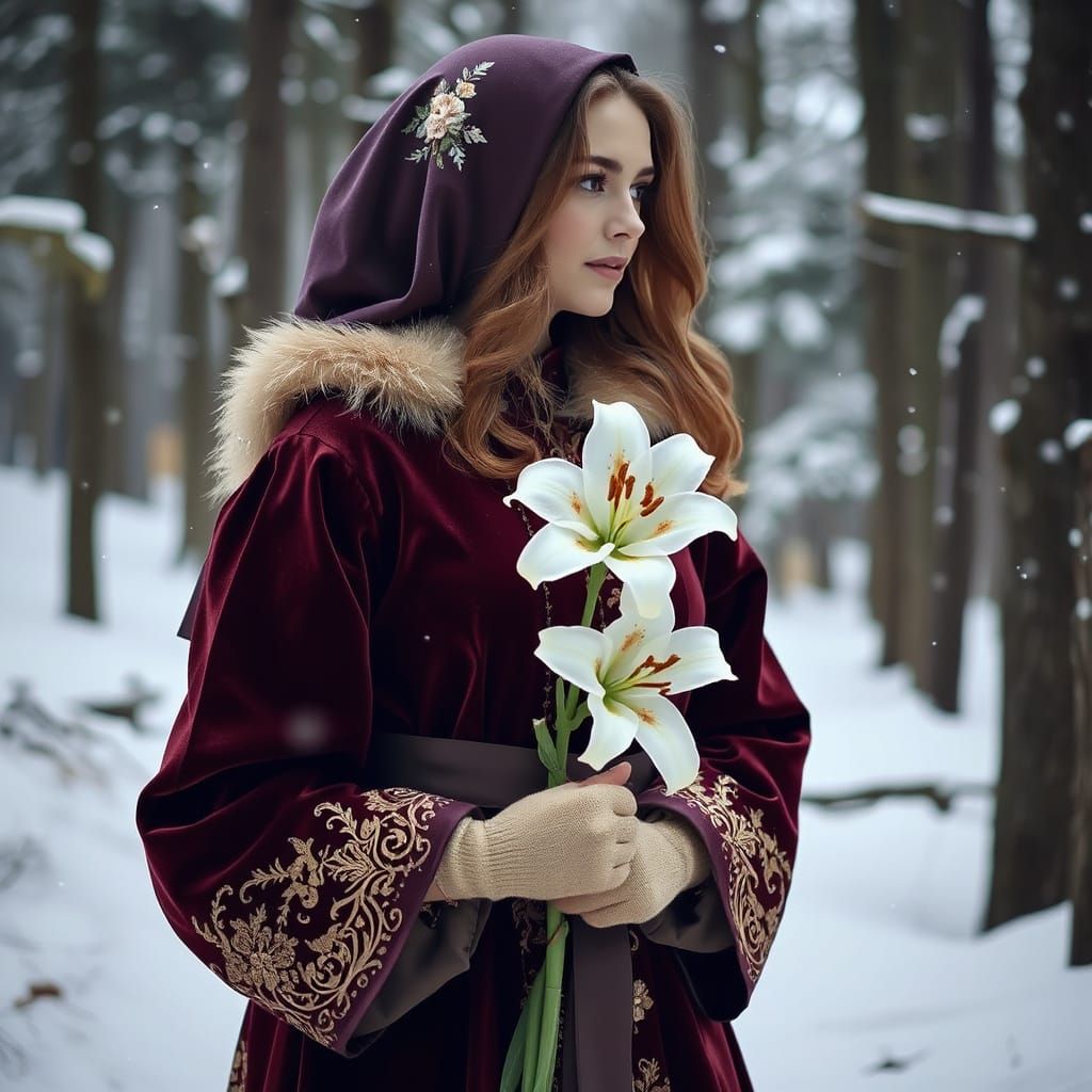 Woman with Lily in Snowy Winter Landscape